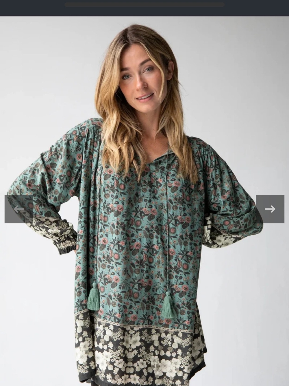 Natural Life Dara V-Neck Tunic Dress - Sage Black Floral Border Size XL